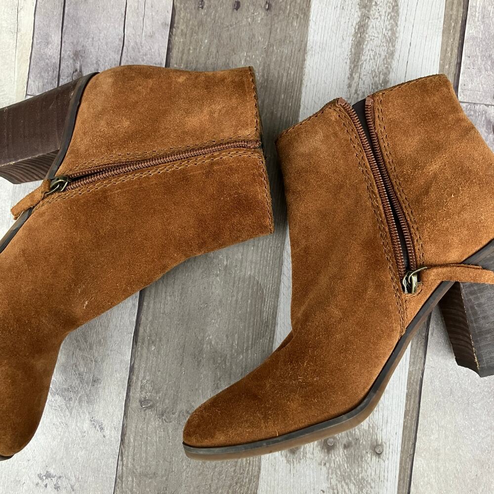 Aldo Suede Boots 8.5 Tan‎ Leather Zipper Ankle Chunky Heel Western Boho Casual